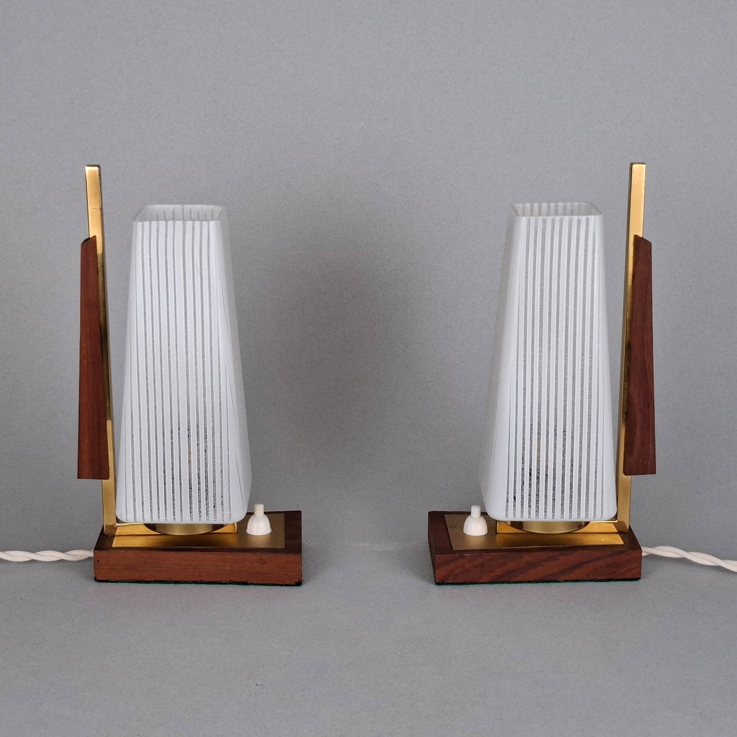 1960s vintage teak wood and brass table lamp with striped white glass shade -Retro Lamp Shop-