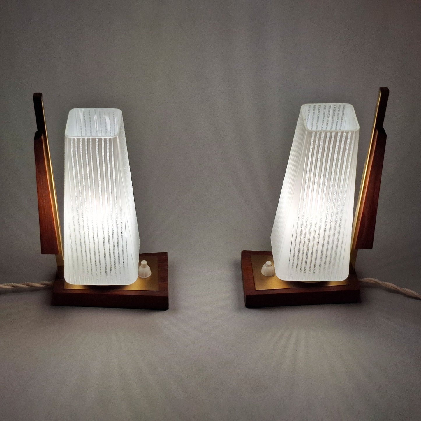 1960s vintage teak wood and brass table lamp with striped white glass shade -Retro Lamp Shop-