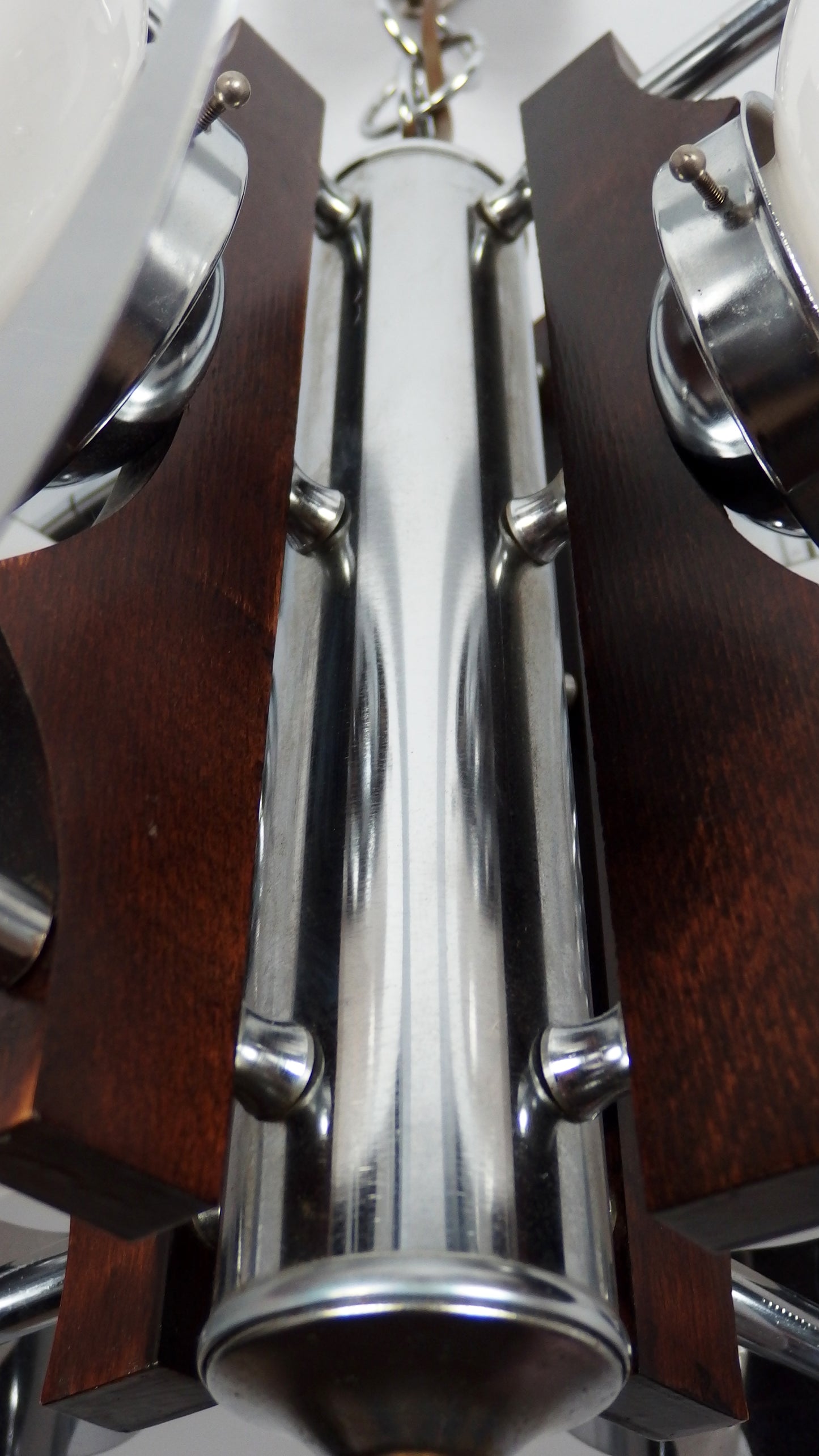 70's Mazzega chandelier designed by Toni Zuccheri, chrome metal body with hand blown Murano glass and teak wood - Retro Lamp Shop