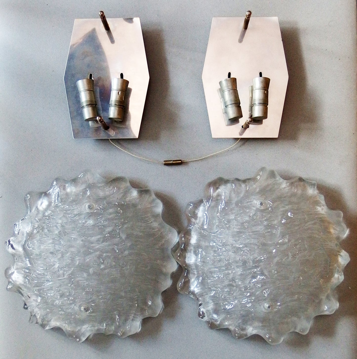 Pair of large 70's Peill and Putzler sconces with thick texturized glass domes and stainless steel base - Retro Lamp Shop
