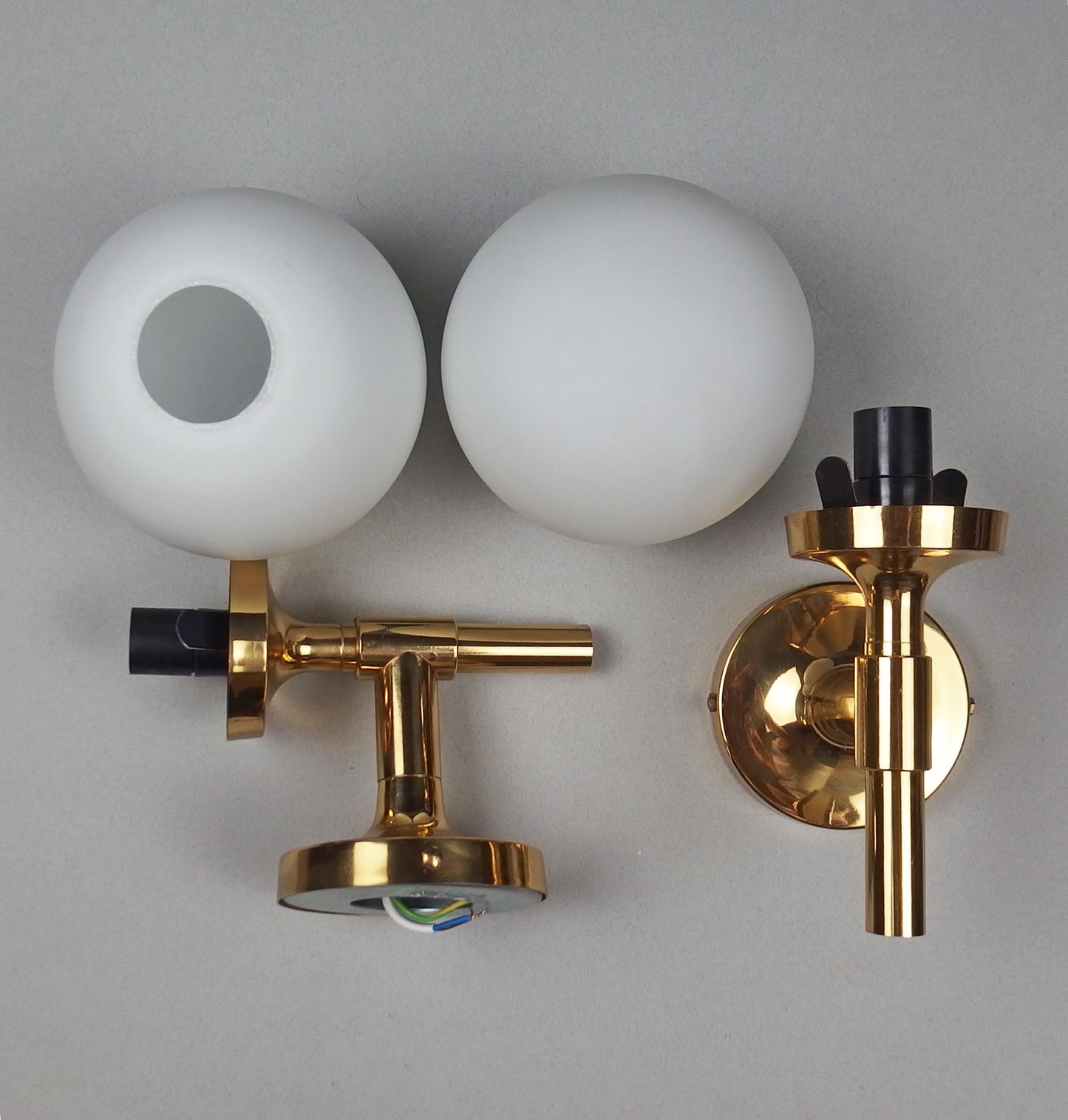 Pair of 1970s polished brass sconces with frosted opaline glass globes - Retro Lamp Shop