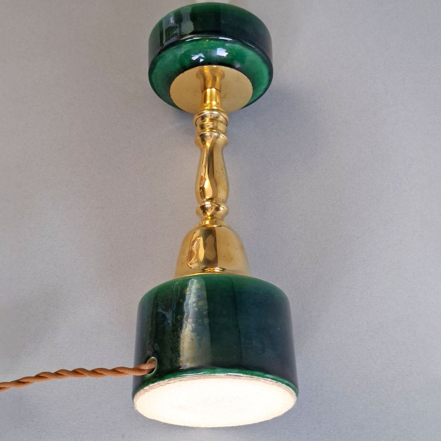 1970s brass and green ceramic vintage table lamp with white opaline glass globe - Retro Lamp Shop