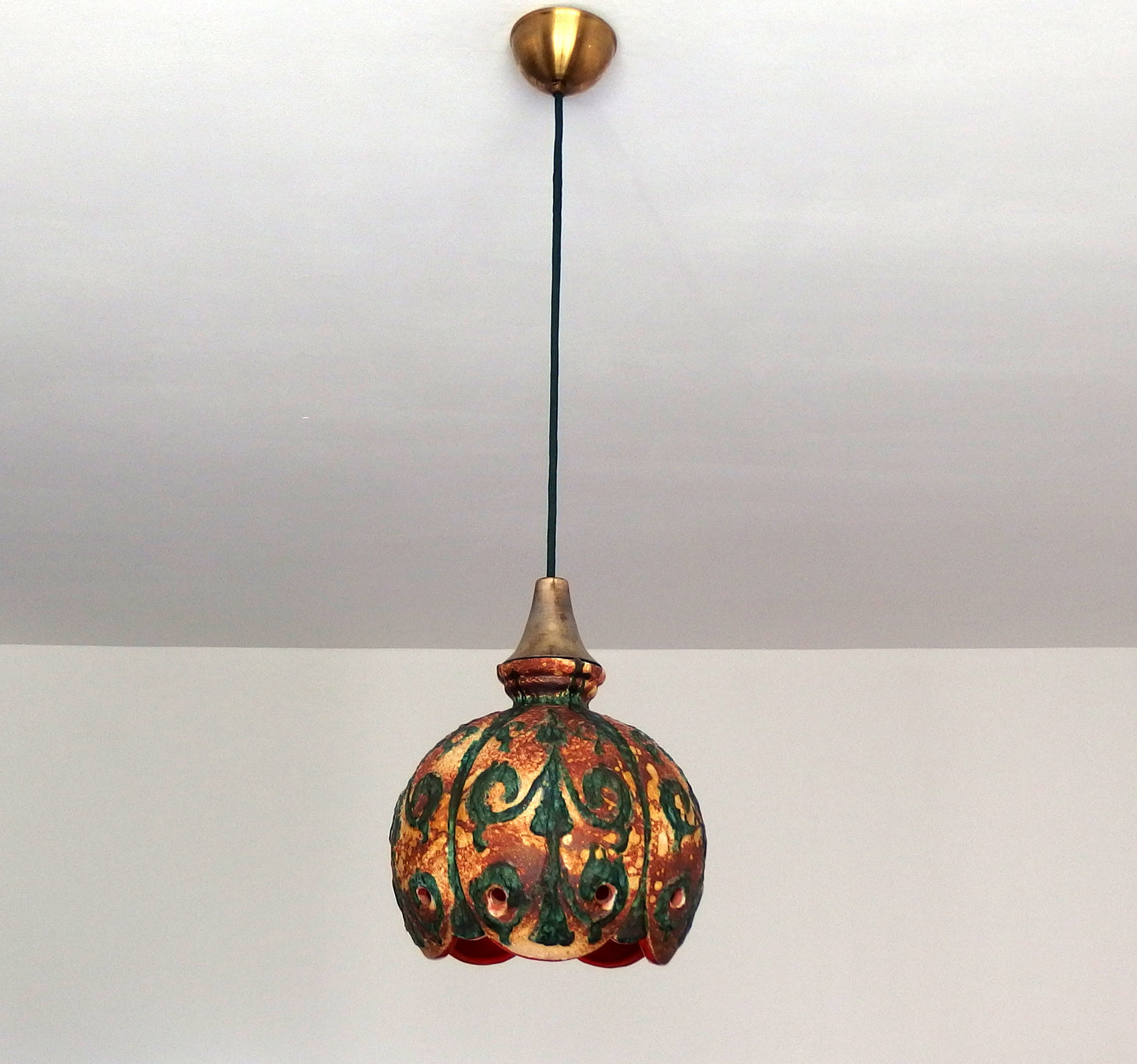 70's fat lava beige and green ceramic pendant light with interior orange glaze from Hustadt - Retro Lamp Shop