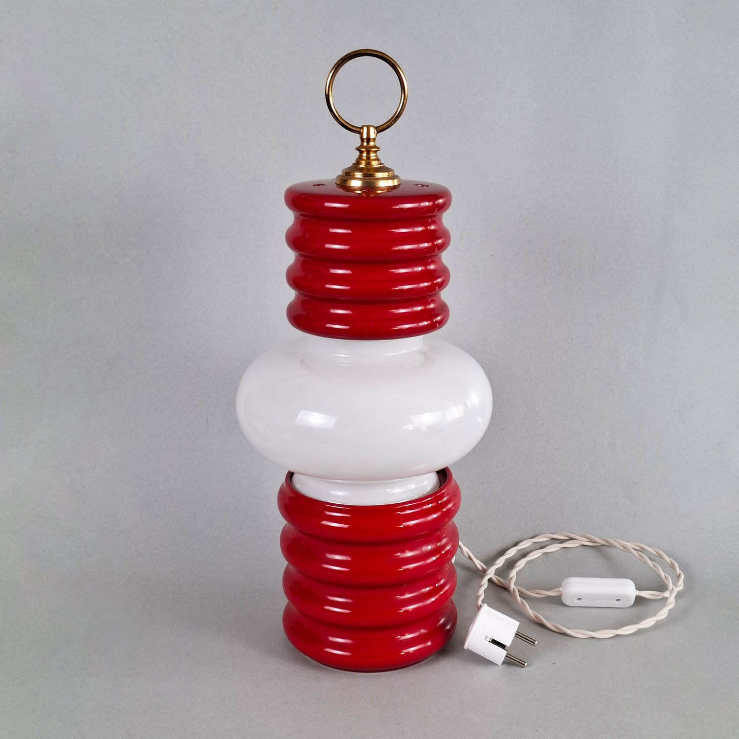 1970s red glazed ceramic table lamp with white opaline glass shade and brass accessories - Retro Lamp Shop