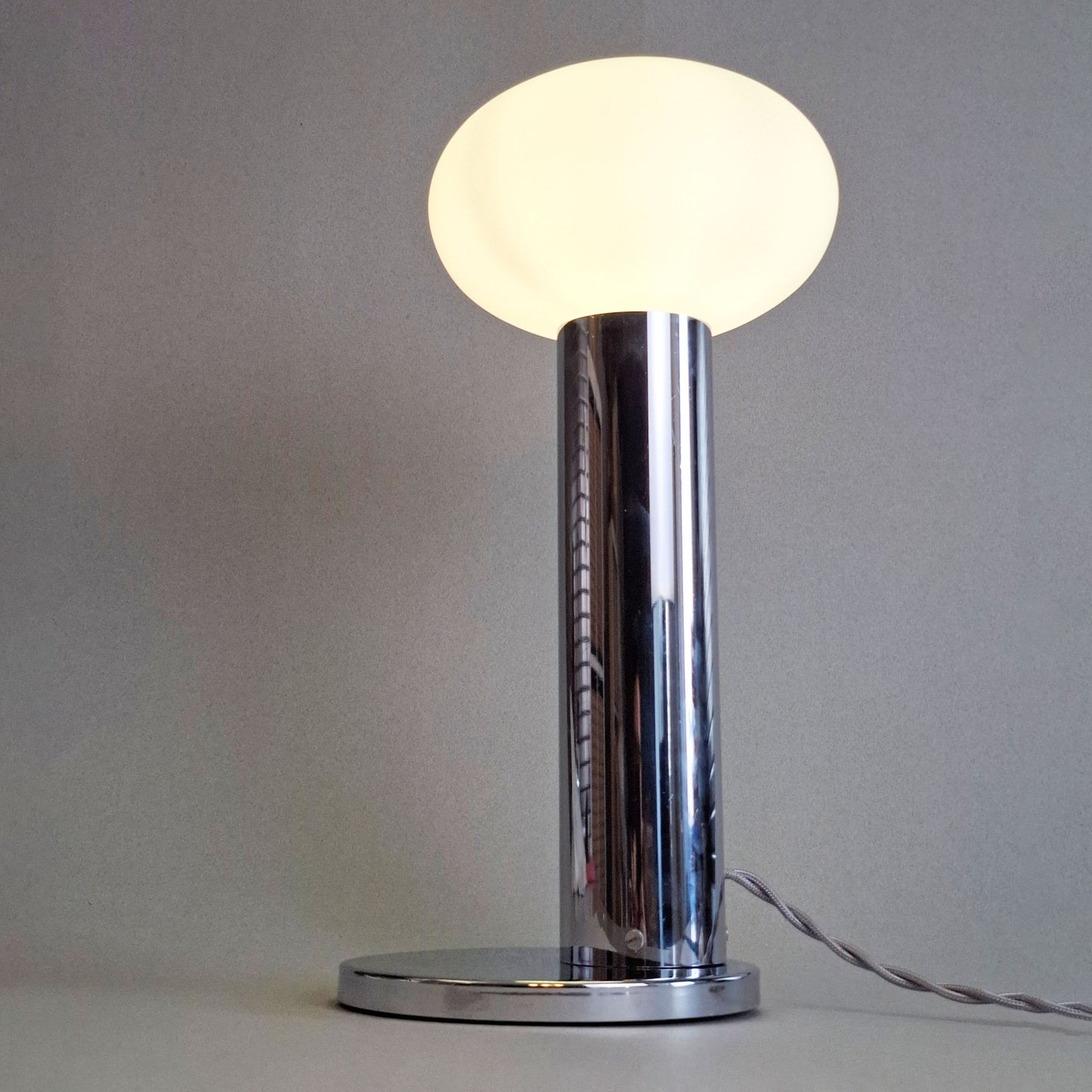 1970s vintage table lamp with chrome foot and frosted white glass globe - Retro Lamp Shop