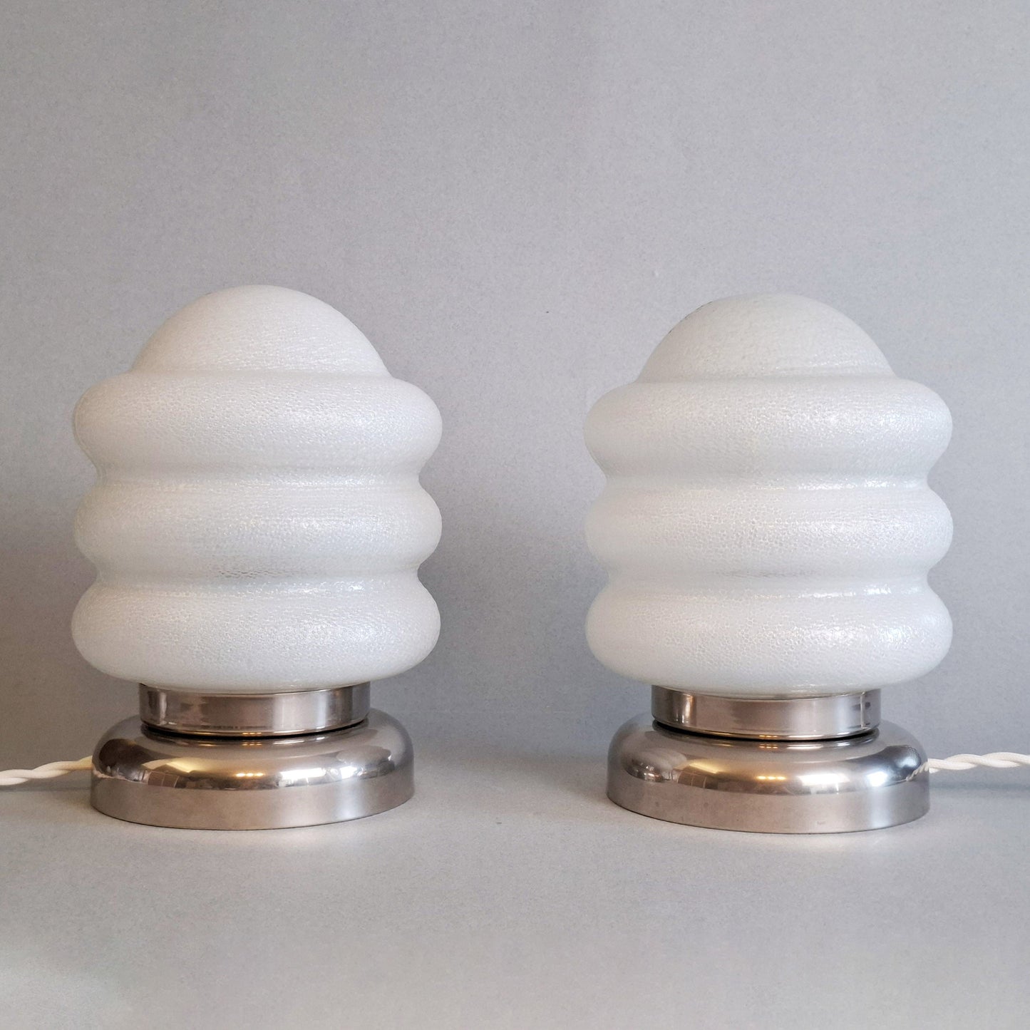 Pair of 1970s vintage table lamps with chrome base and texturized opaline glass shades - Retro Lamp Shop -