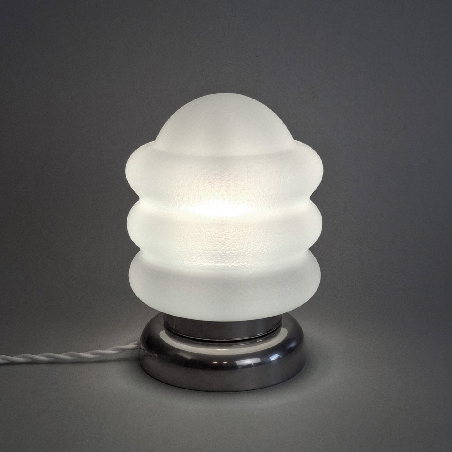 Pair of 1970s vintage table lamps with chrome base and texturized opaline glass shades - Retro Lamp Shop -