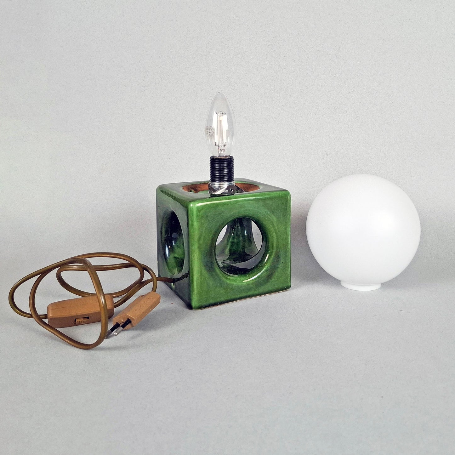 1970s pop art green ceramic table lamp with opaline glass globe - Retro Lamp Shop