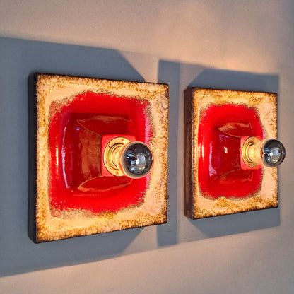 Pair of 1970's fat lava red ceramic sconces from Hustadt