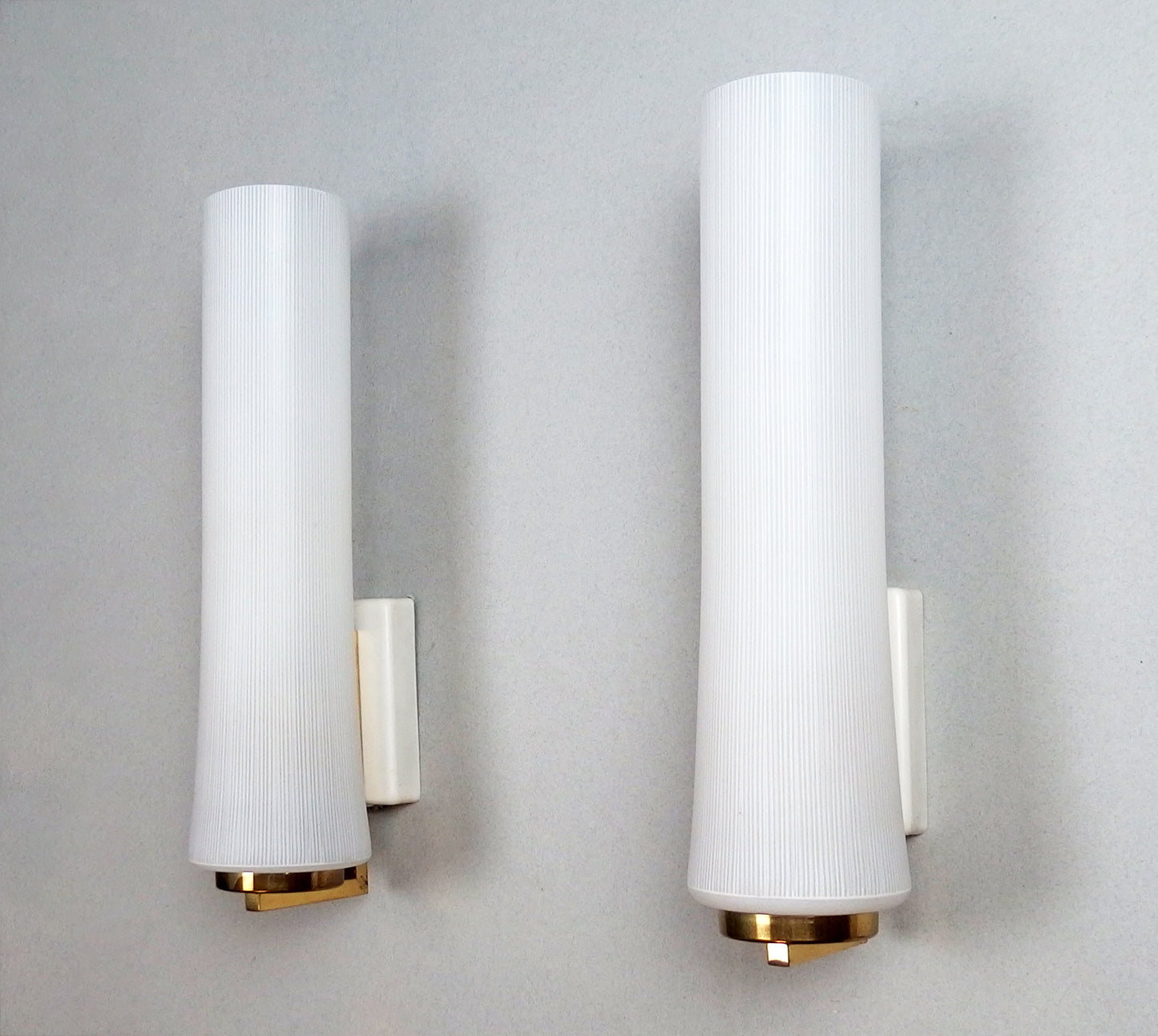 Elegant pair of 1950s opaline glass sconces with polished brass and off white painted base - Retro Lamp Shop