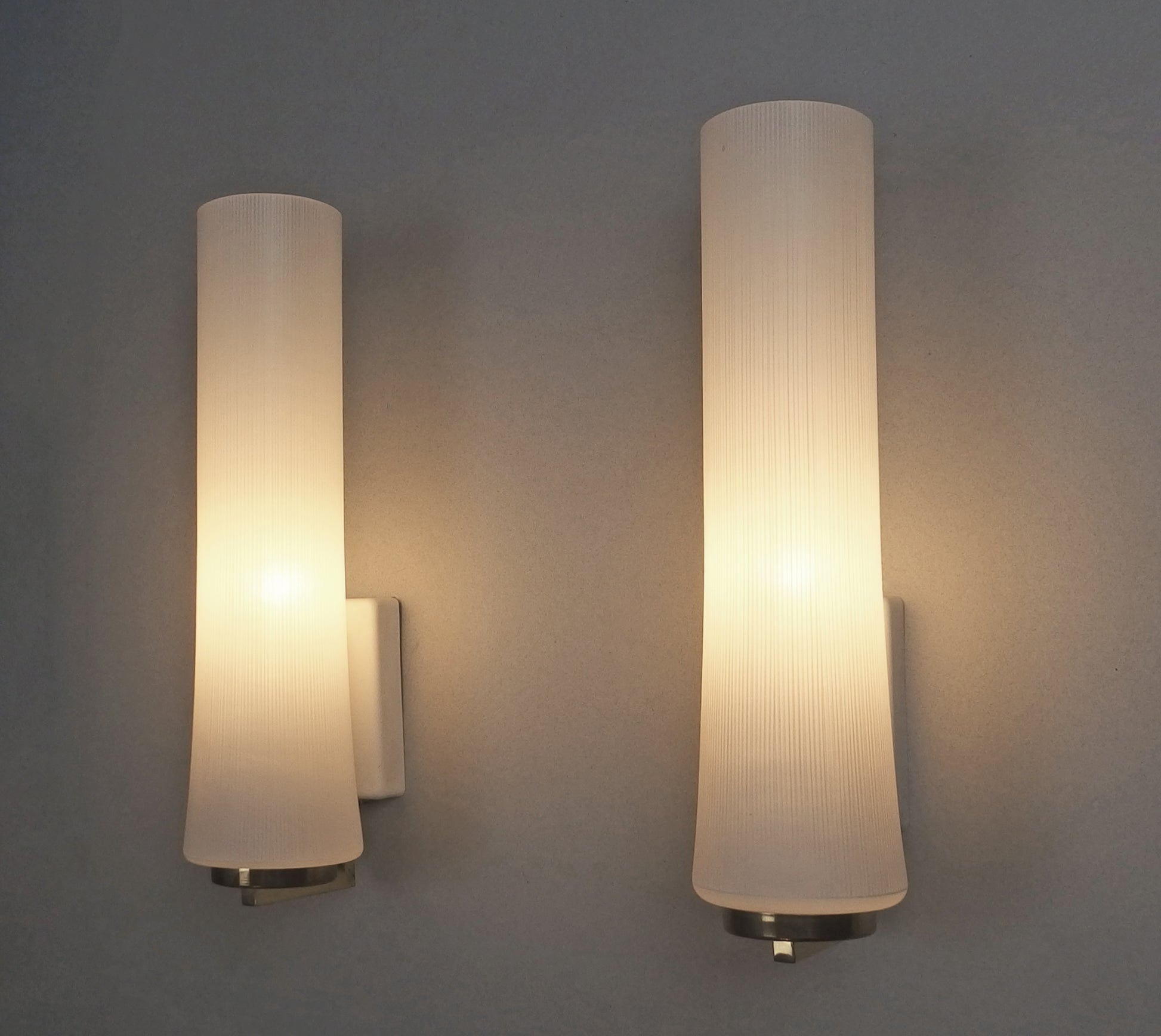 Elegant pair of 1950s opaline glass sconces with polished brass and off white painted base - Retro Lamp Shop