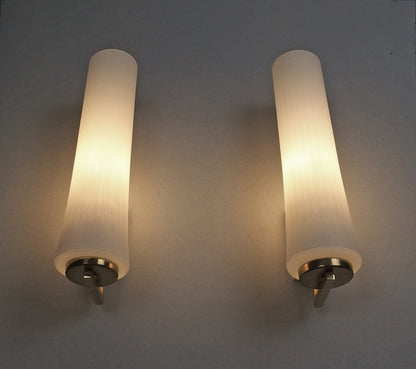 Elegant pair of 1950s opaline glass sconces with polished brass and off white painted base - Retro Lamp Shop