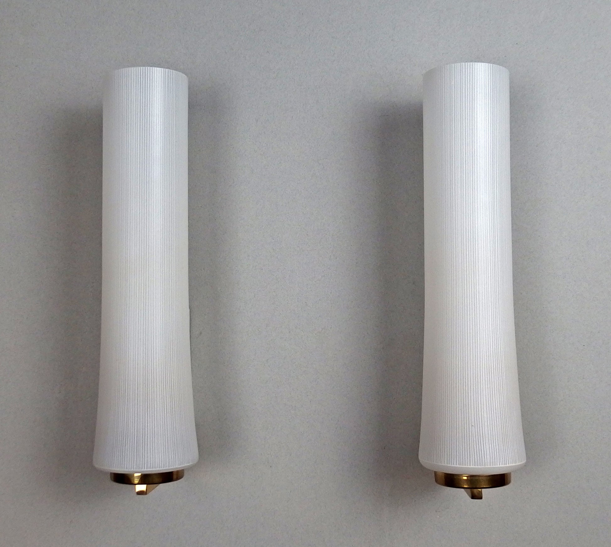 Elegant pair of 1950s opaline glass sconces with polished brass and off white painted base - Retro Lamp Shop