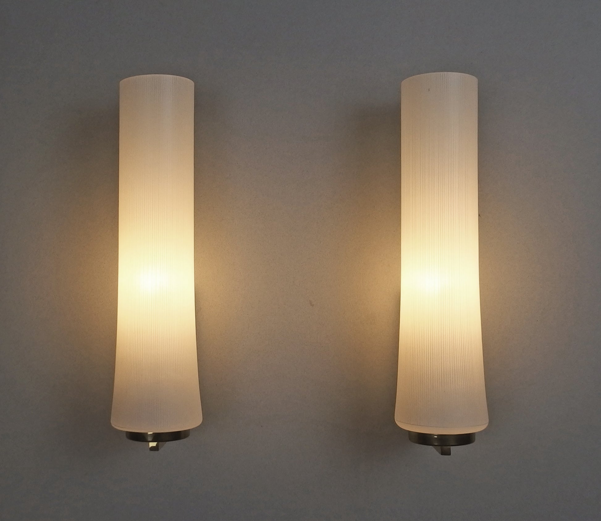 Elegant pair of 1950s opaline glass sconces with polished brass and off white painted base - Retro Lamp Shop