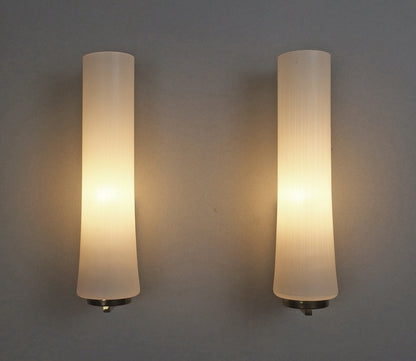 Elegant pair of 1950s opaline glass sconces with polished brass and off white painted base - Retro Lamp Shop