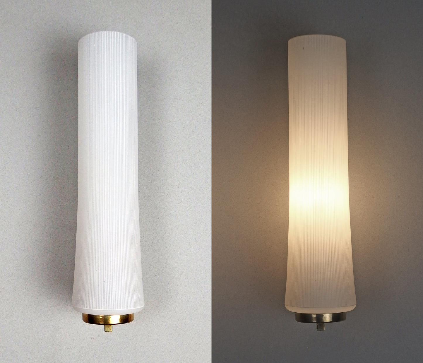 Elegant pair of 1950s opaline glass sconces with polished brass and off white painted base - Retro Lamp Shop