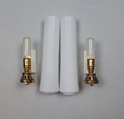 Elegant pair of 1950s opaline glass sconces with polished brass and off white painted base - Retro Lamp Shop