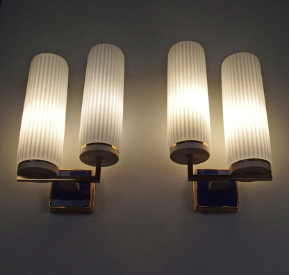 Pair of 1950's double sconces with grooved opaline glass, brass and blue enamel accessories from Kaiser Leuchten - Retro Lamp Shop