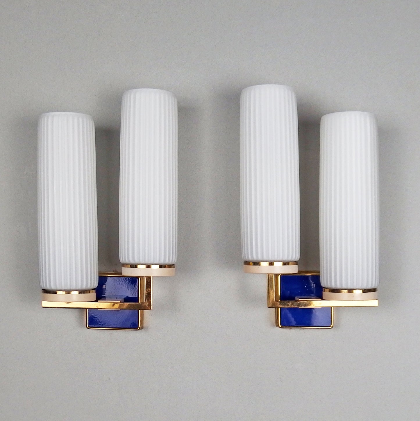 Pair of 1950's double sconces with grooved opaline glass, brass and blue enamel accessories from Kaiser Leuchten - Retro Lamp Shop