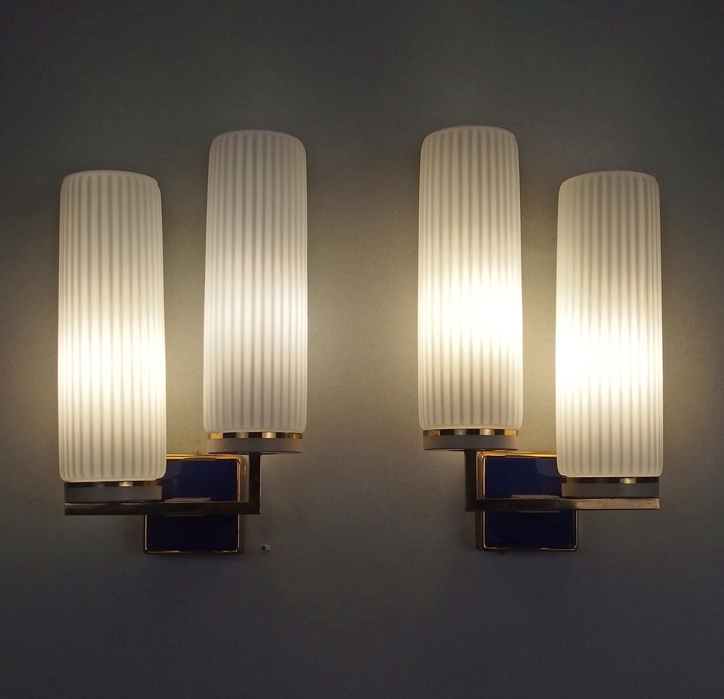 Pair of 1950's double sconces with grooved opaline glass, brass and blue enamel accessories from Kaiser Leuchten - Retro Lamp Shop