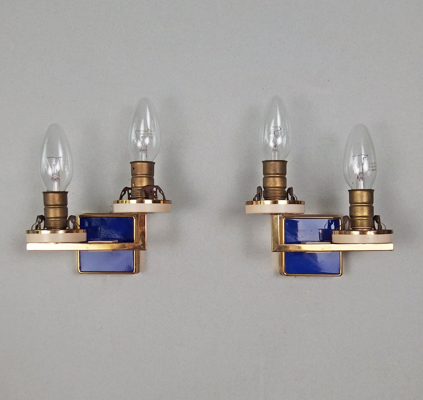 Pair of 1950's double sconces with grooved opaline glass, brass and blue enamel accessories from Kaiser Leuchten - Retro Lamp Shop