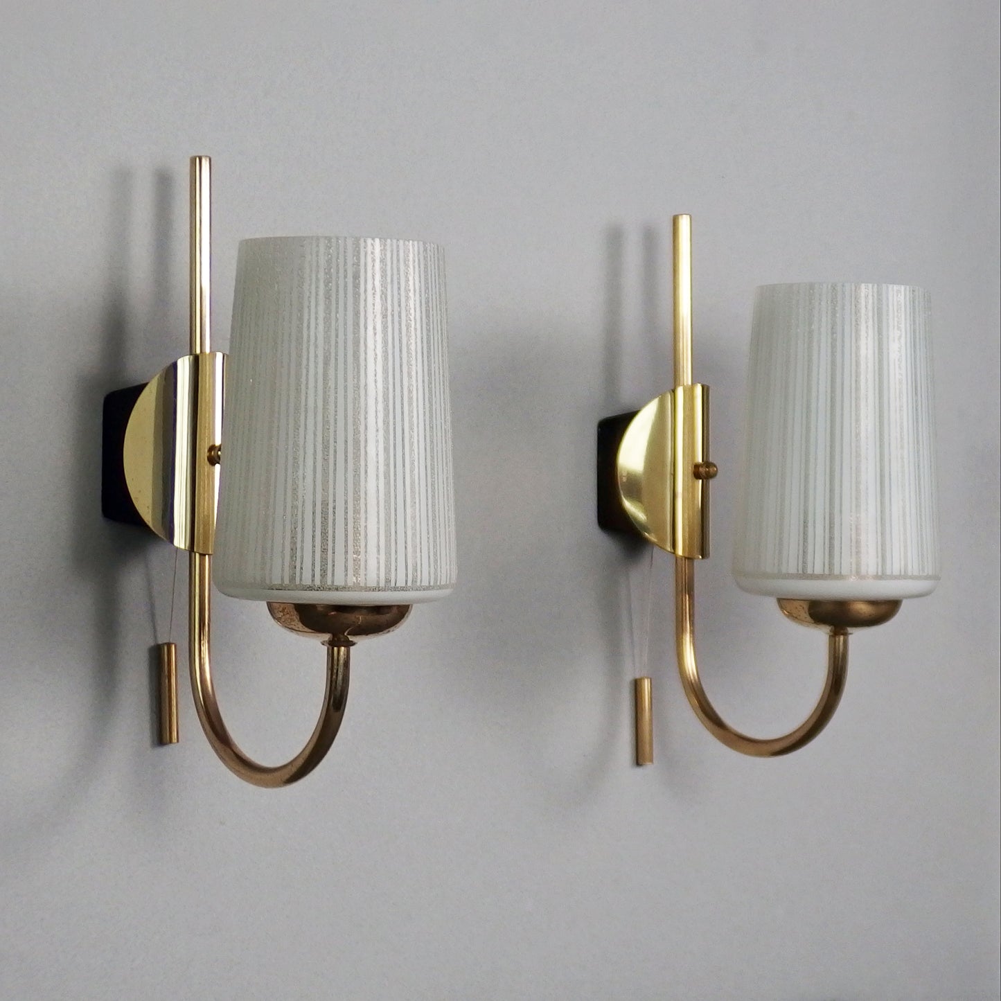 Elegant pair of 1960's brass sconces with striped opaline glass shades - Retro Lamp Shop