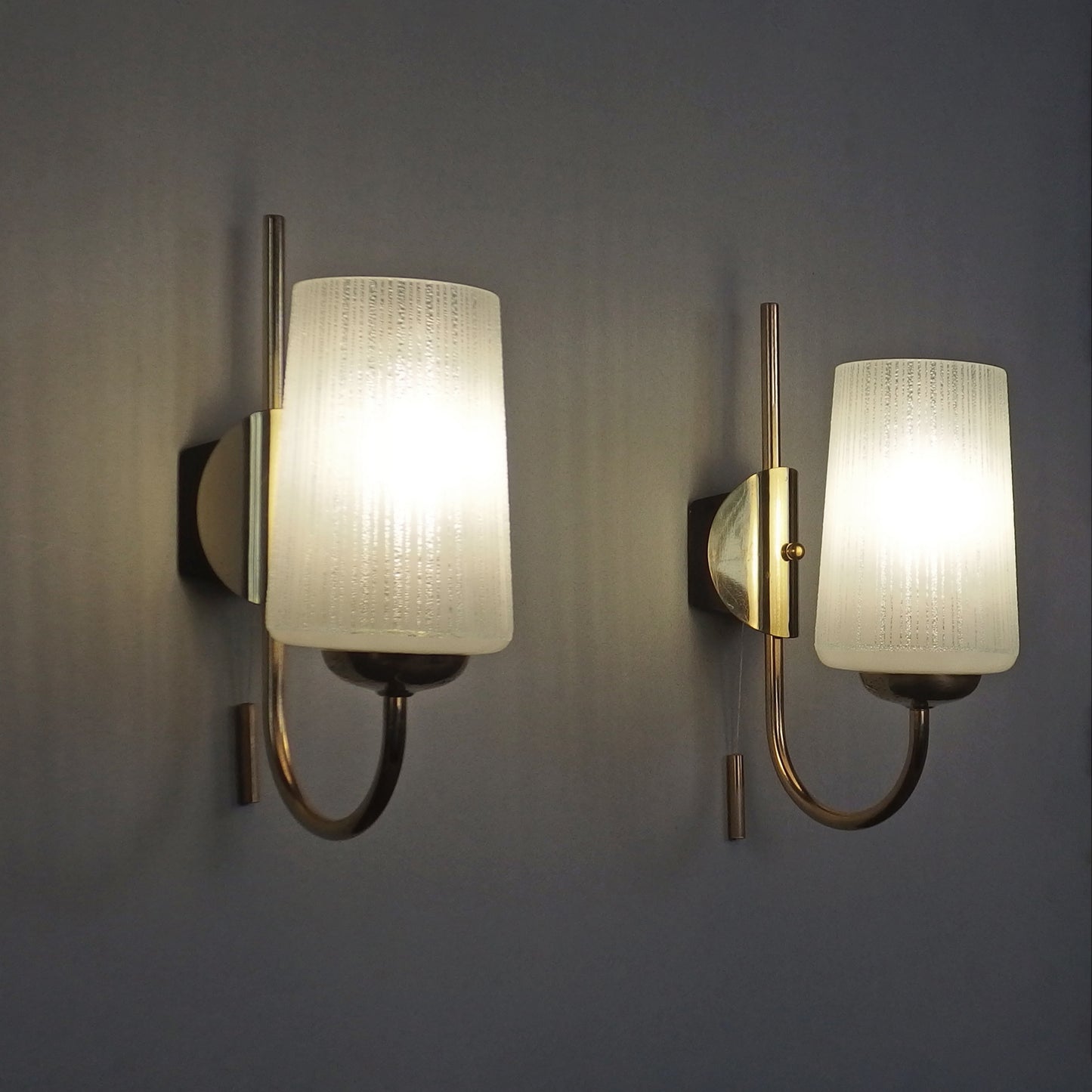 Elegant pair of 1960's brass sconces with striped opaline glass shades - Retro Lamp Shop