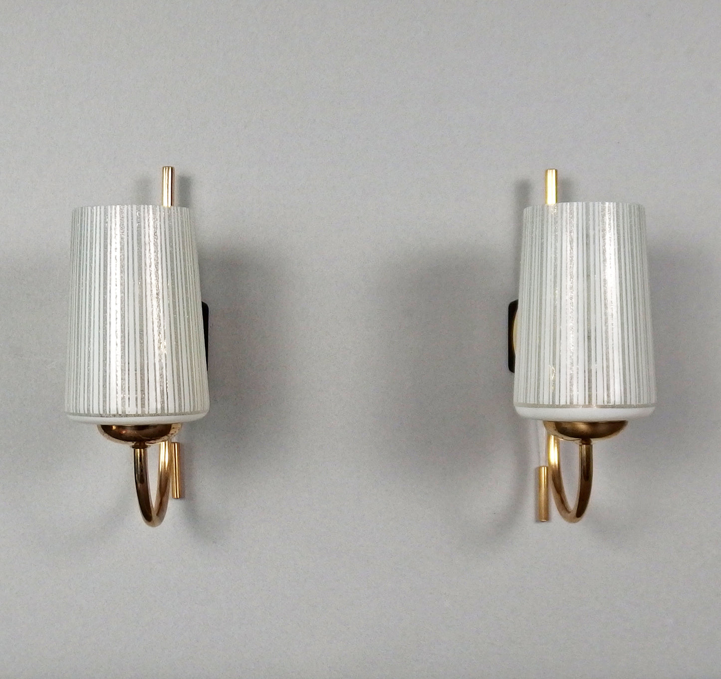 Elegant pair of 1960's brass sconces with striped opaline glass shades - Retro Lamp Shop