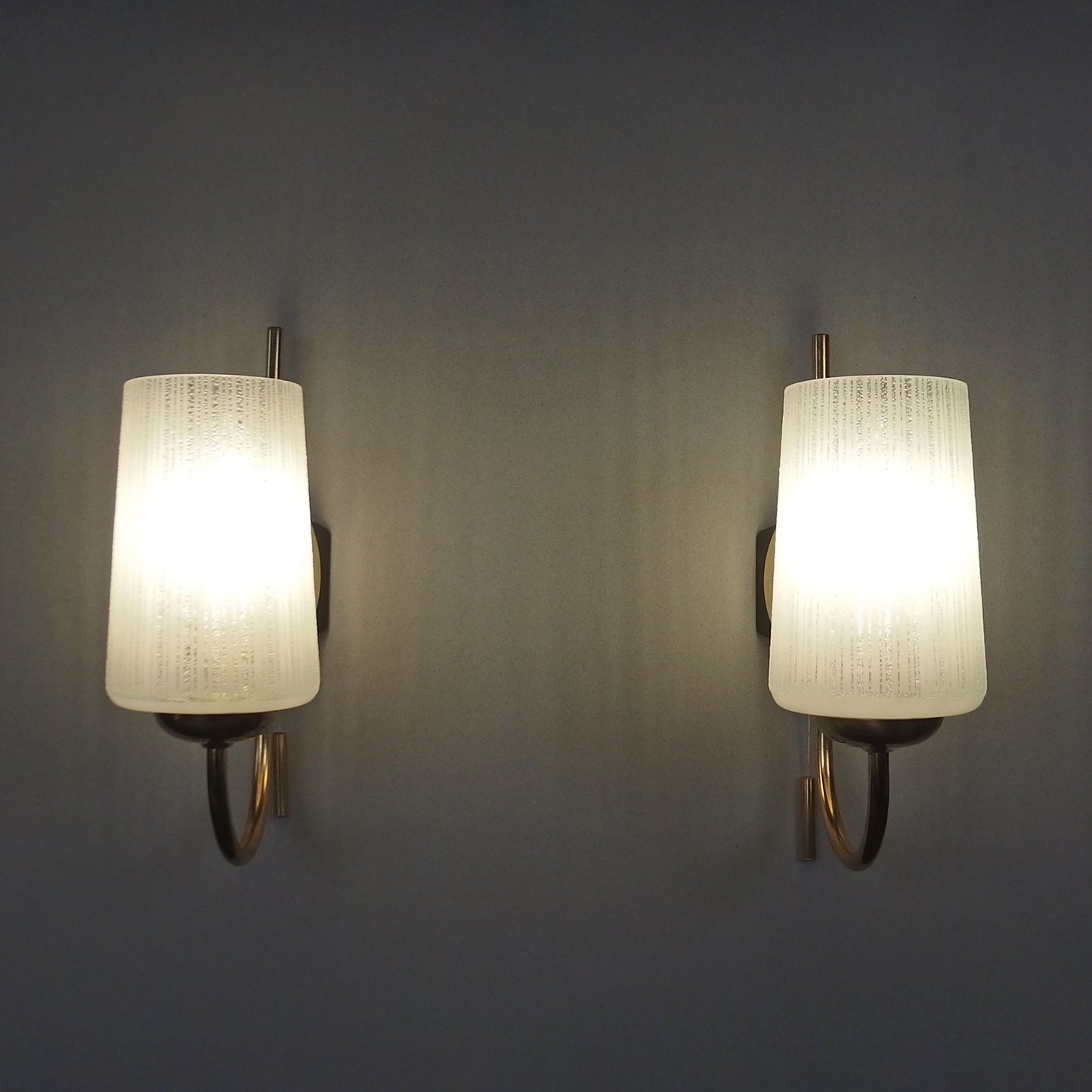 Elegant pair of 1960's brass sconces with striped opaline glass shades - Retro Lamp Shop