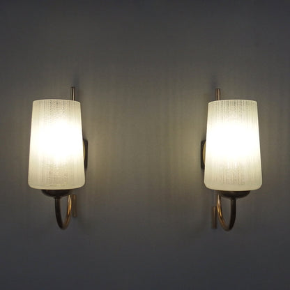 Elegant pair of 1960's brass sconces with striped opaline glass shades - Retro Lamp Shop