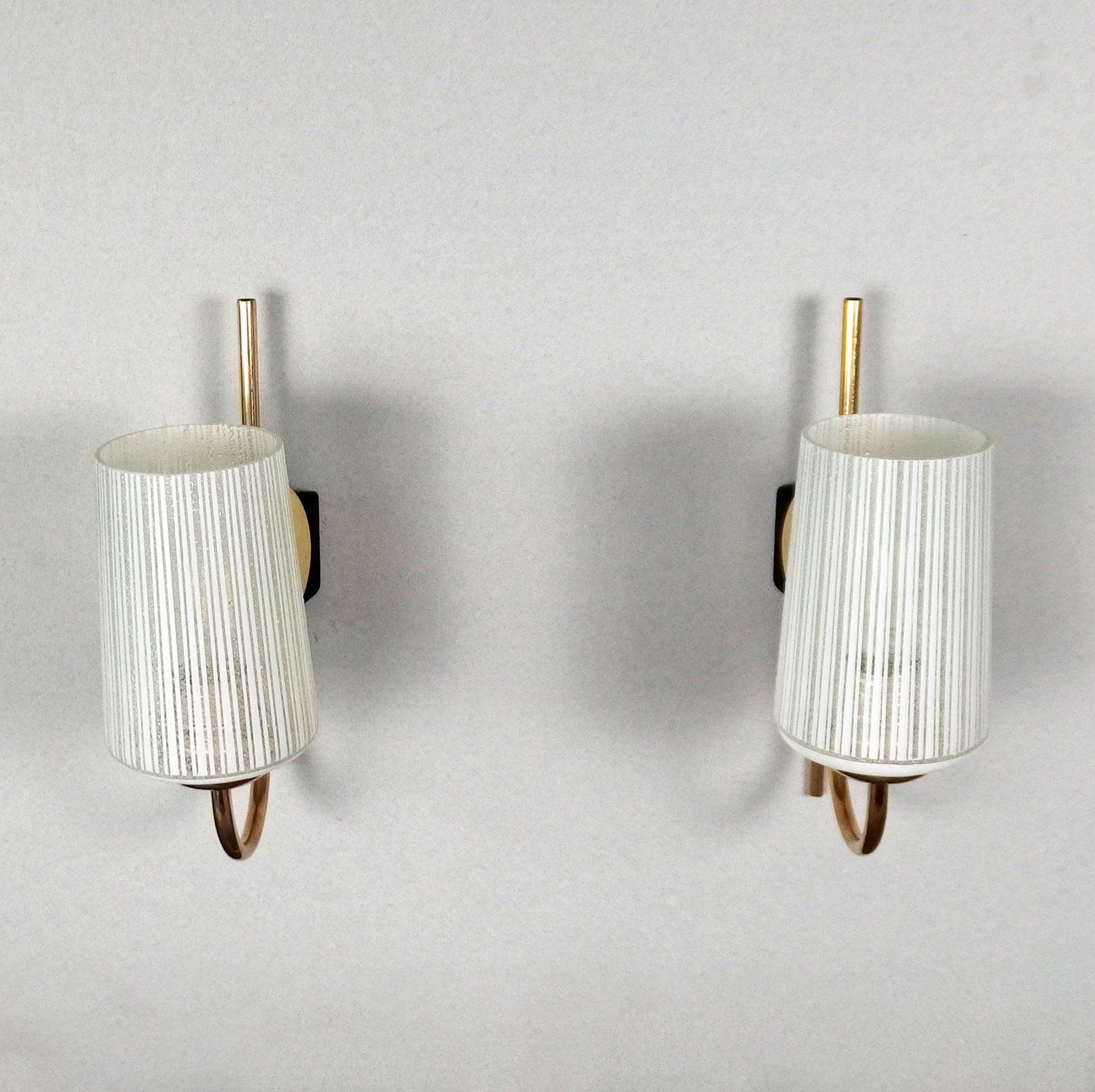 Elegant pair of 1960's brass sconces with striped opaline glass shades - Retro Lamp Shop