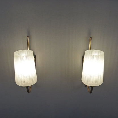 Elegant pair of 1960's brass sconces with striped opaline glass shades - Retro Lamp Shop