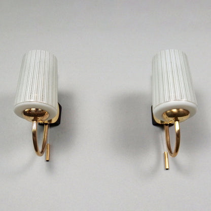 Elegant pair of 1960's brass sconces with striped opaline glass shades - Retro Lamp Shop