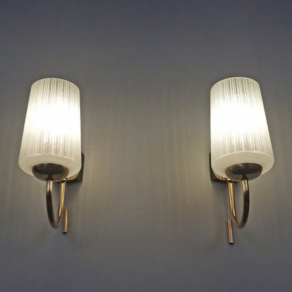 Elegant pair of 1960's brass sconces with striped opaline glass shades - Retro Lamp Shop