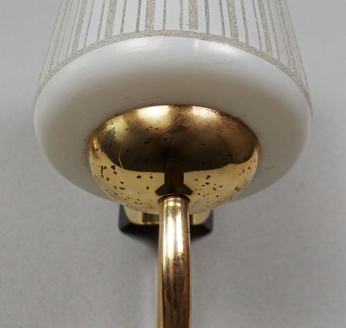 Elegant pair of 1960's brass sconces with striped opaline glass shades - Retro Lamp Shop