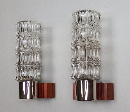 1 of 2 1960s pair of petite sconces with solid rosewood base and thick crystal glass shades - Retro Lamp Shop