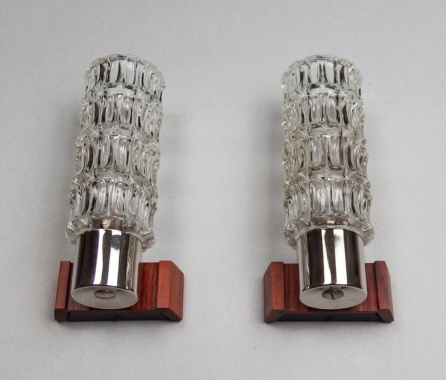 1 of 2 1960s pair of petite sconces with solid rosewood base and thick crystal glass shades - Retro Lamp Shop