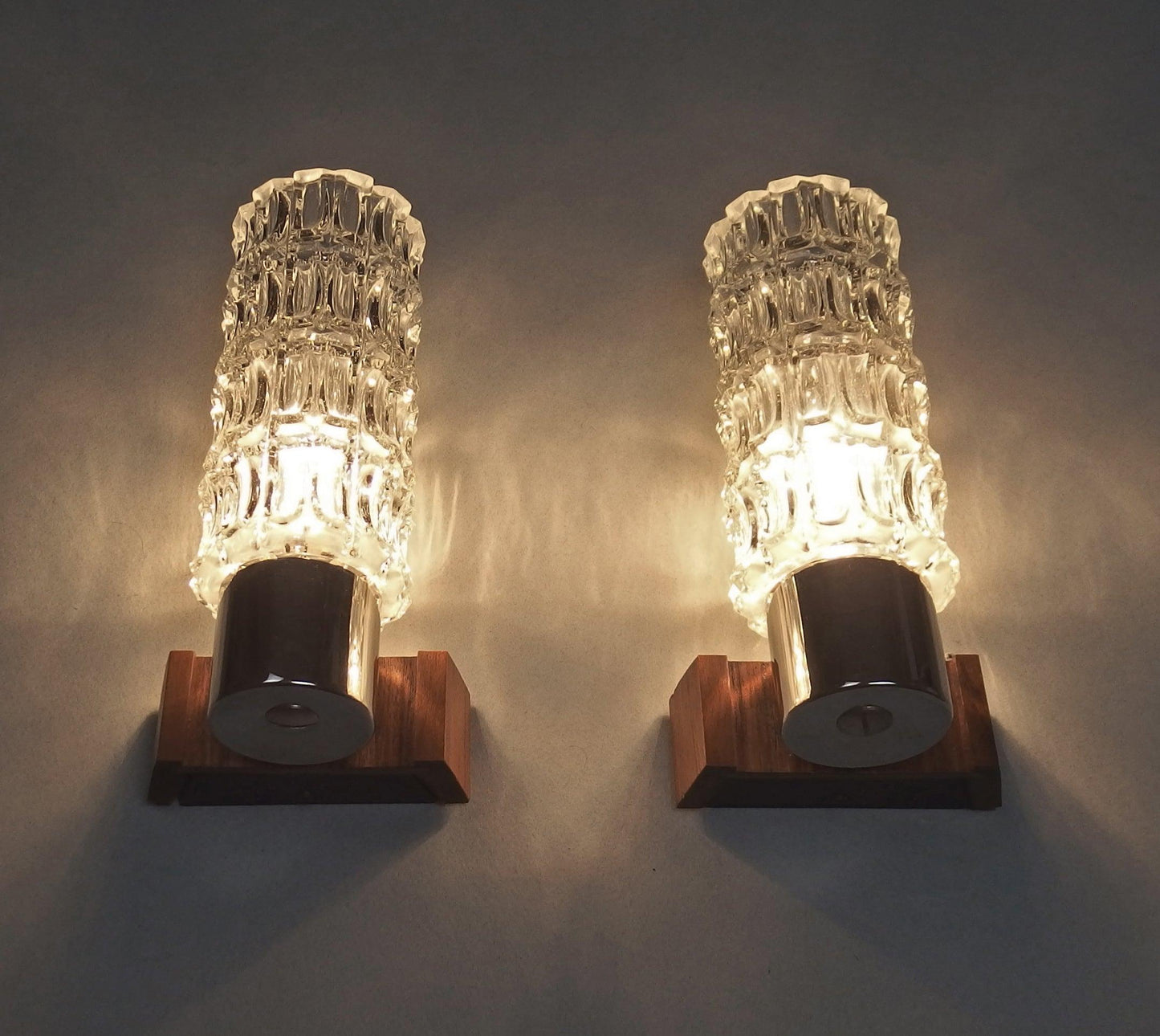 1 of 2 1960s pair of petite sconces with solid rosewood base and thick crystal glass shades - Retro Lamp Shop