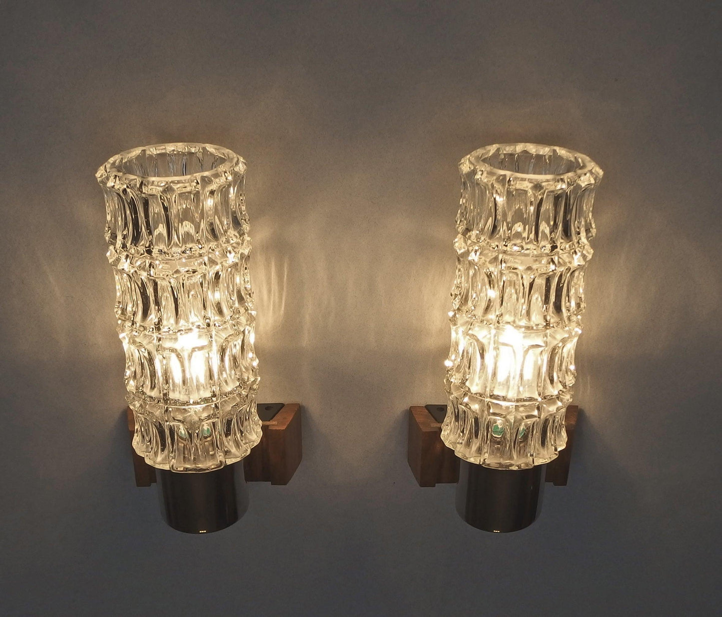 1 of 2 1960s pair of petite sconces with solid rosewood base and thick crystal glass shades - Retro Lamp Shop