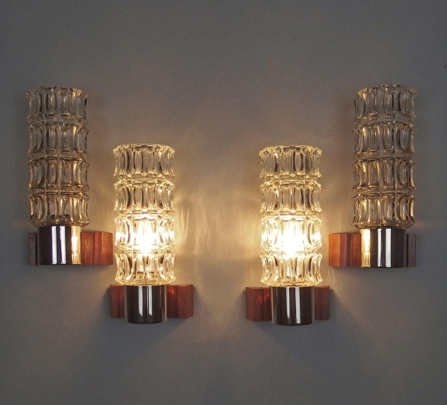 1 of 2 1960s pair of petite sconces with solid rosewood base and thick crystal glass shades - Retro Lamp Shop