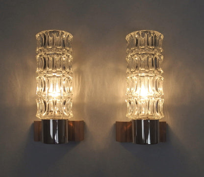 1 of 2 1960s pair of petite sconces with solid rosewood base and thick crystal glass shades - Retro Lamp Shop