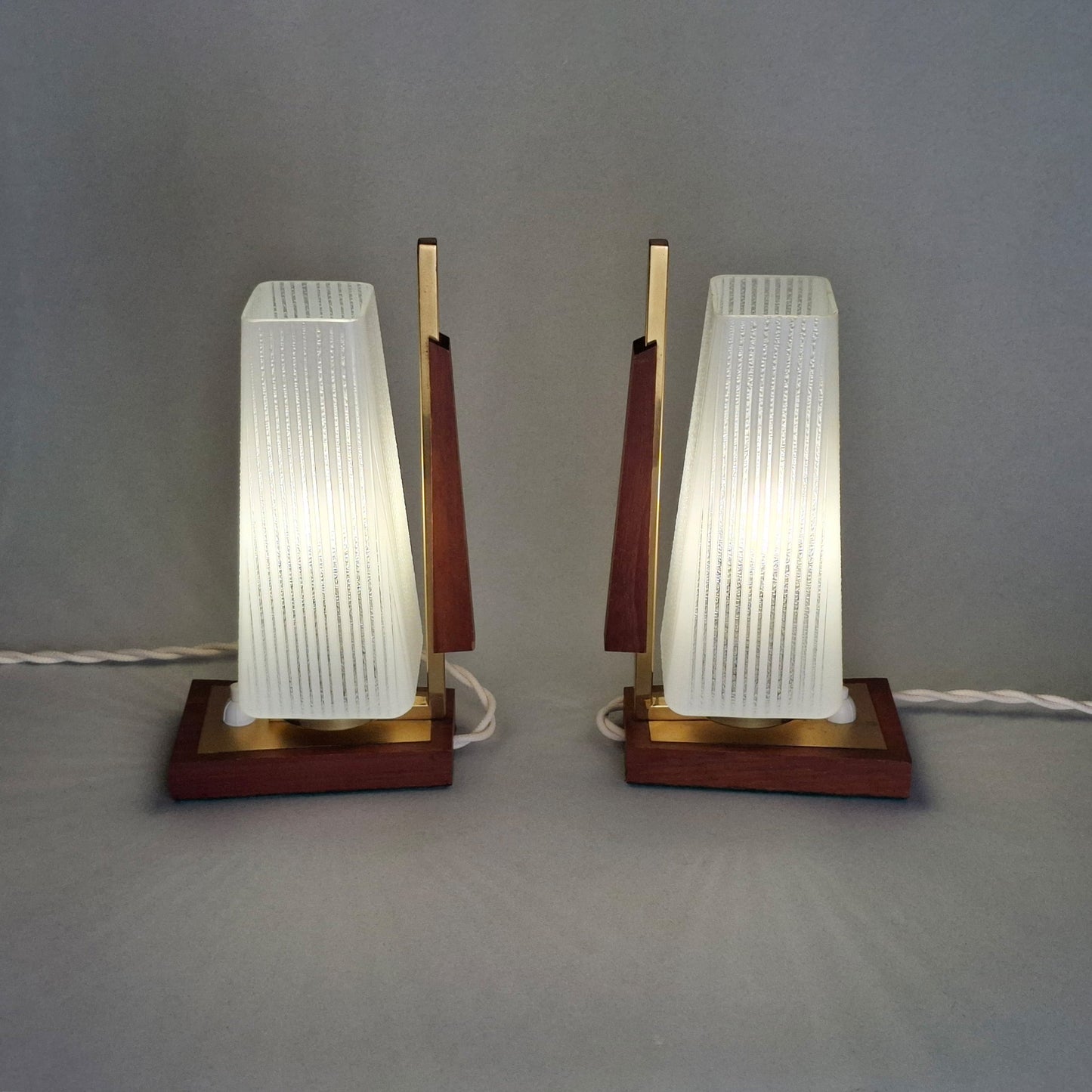 1960s vintage teak wood and brass table lamp with striped white glass shade -Retro Lamp Shop-