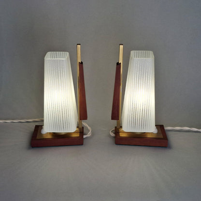 1960s vintage teak wood and brass table lamp with striped white glass shade -Retro Lamp Shop-