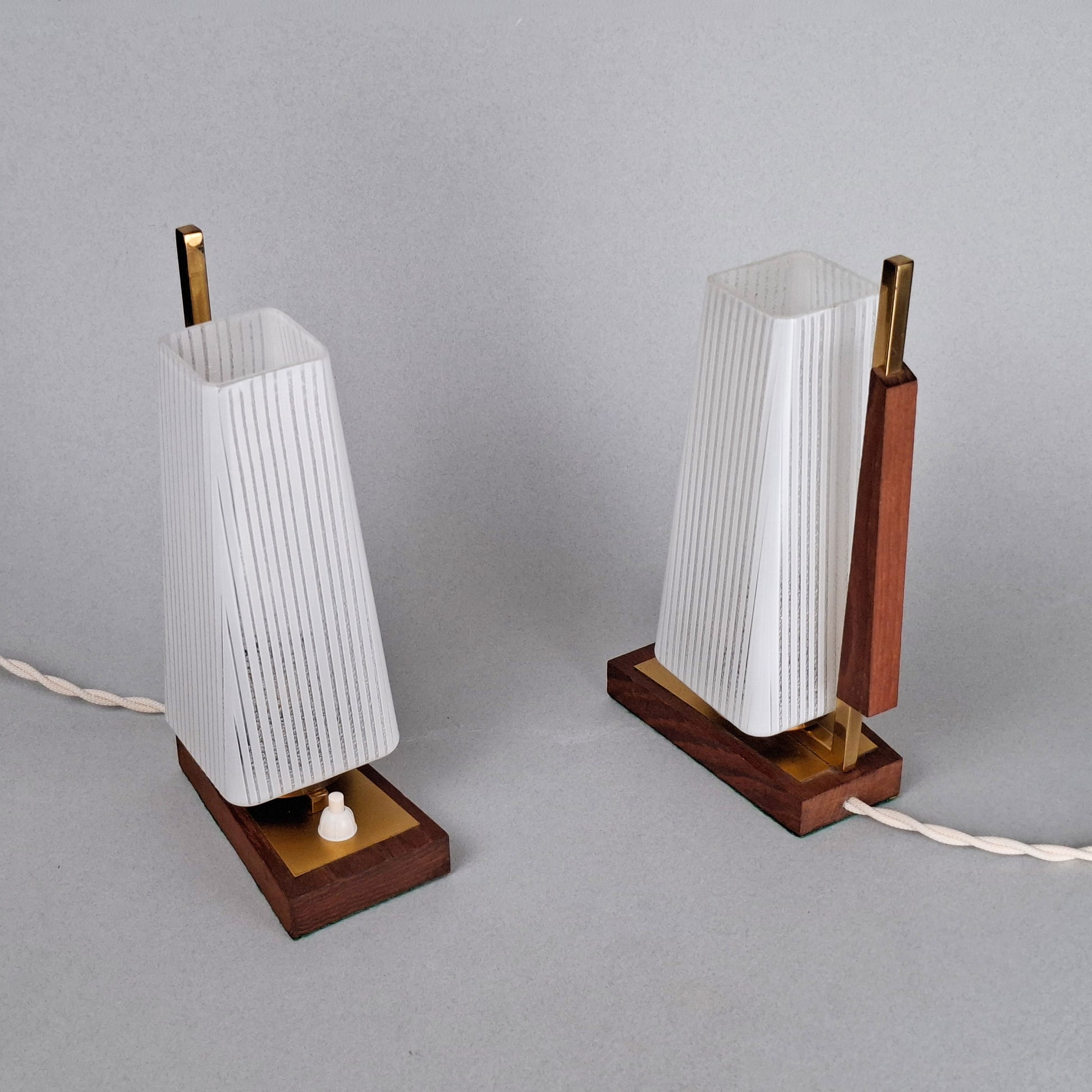 1960s vintage teak wood and brass table lamp with striped white glass shade -Retro Lamp Shop-