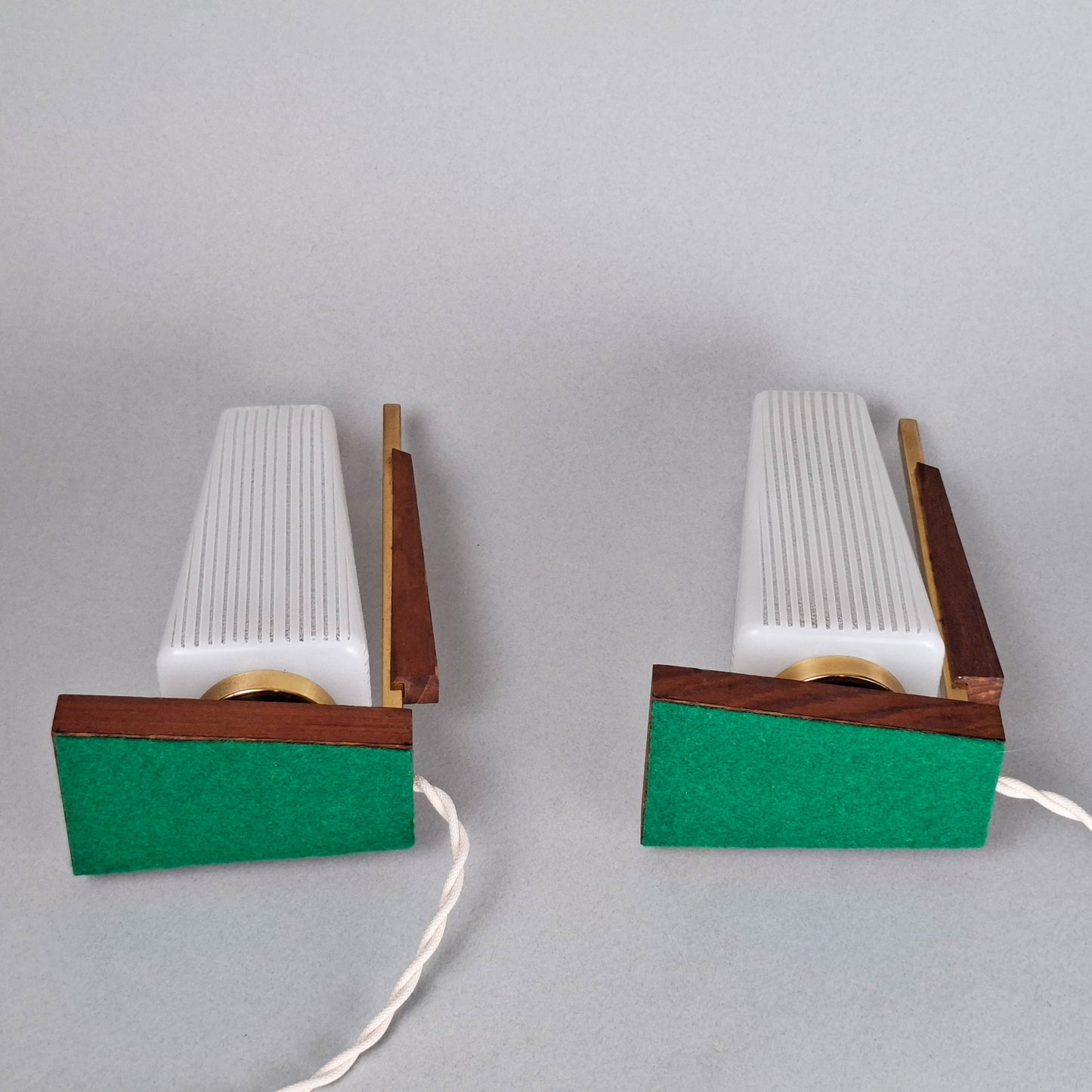1960s vintage teak wood and brass table lamp with striped white glass shade -Retro Lamp Shop-
