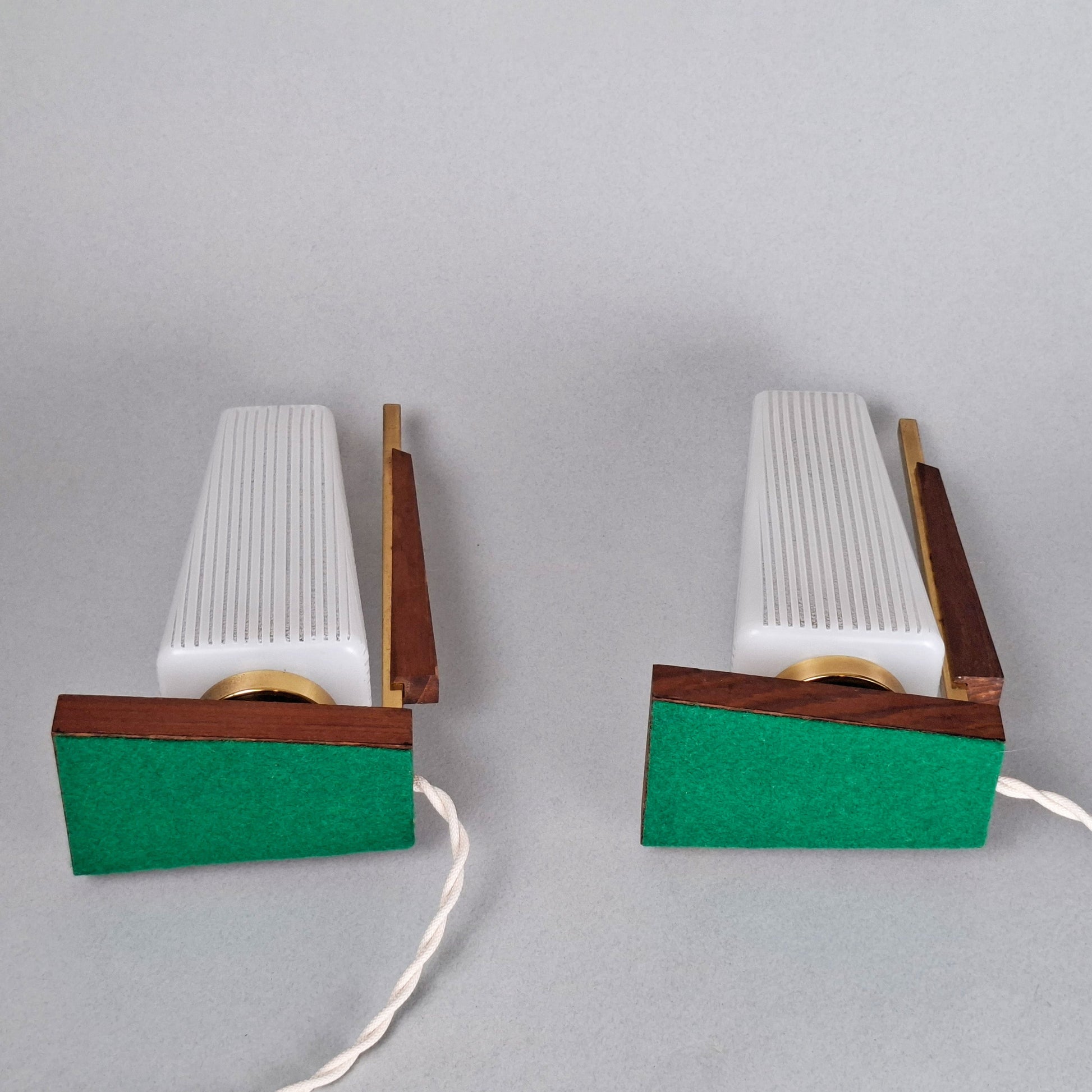 1960s vintage teak wood and brass table lamp with striped white glass shade -Retro Lamp Shop-