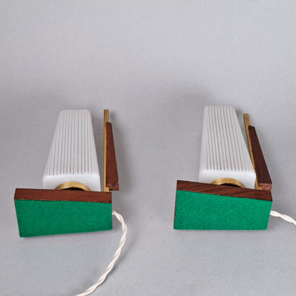 1960s vintage teak wood and brass table lamp with striped white glass shade -Retro Lamp Shop-