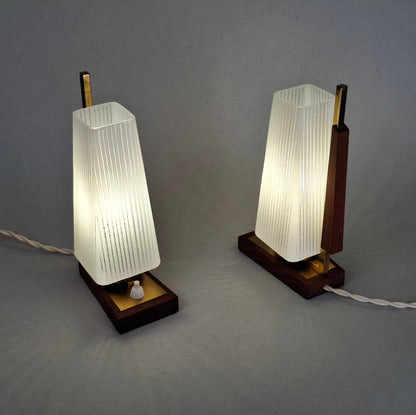 1960s vintage teak wood and brass table lamp with striped white glass shade -Retro Lamp Shop-