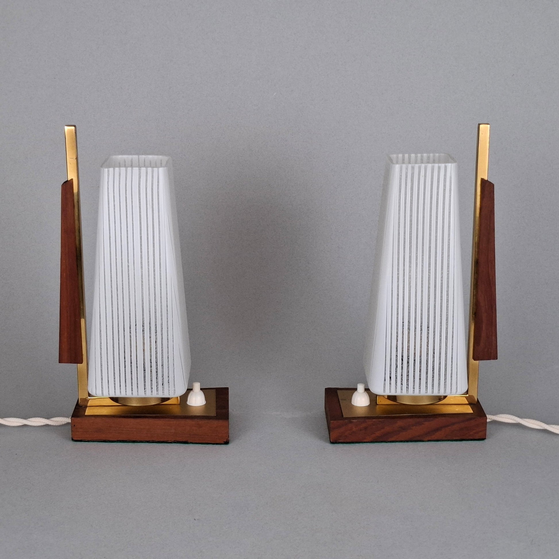 1960s vintage teak wood and brass table lamp with striped white glass shade -Retro Lamp Shop-