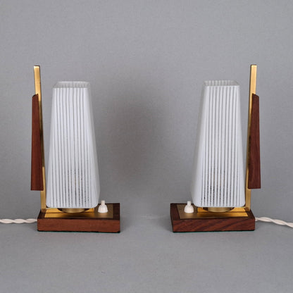 1960s vintage teak wood and brass table lamp with striped white glass shade -Retro Lamp Shop-
